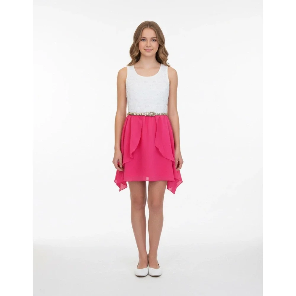 Truly Me Boutique Tween Girls Dress Hot Pink and Wgite Chiffon Belted sz 16 NEW
